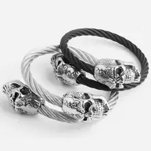 Браслет в стиле панк, мульти витой кабель, проволочный браслет, винтажные браслеты,, Серебряный двойной скелет, череп, Рождественские Браслеты-манжеты