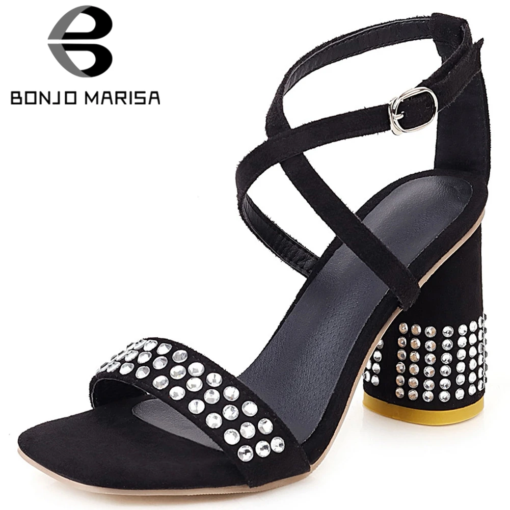 

BONJOMARISA New Ladies Summer Elegant Flock Sandals Sweet Concise Ankle Strap Sandals Women Sumer Crystal Decorating Shoes Woman