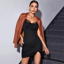 

GRAZIA BELLA Sexy Lace Collar Black Dress with Slit Mini Bodycon Corset Dress Knitted Strappy Women Dress for New Year 2022