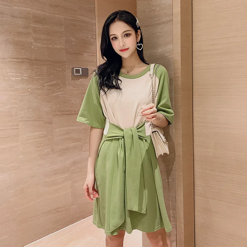 

2019 Summer Wear New Style Crew Neck Contrast Color Mid-length T-shirt Women's Short Sleeved Dress