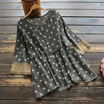 

7499 New Spring Women Tops Literary Polka Dot Print Cotton and linen Shirt Loose O-Neck Three quarter Sleeve Blouse