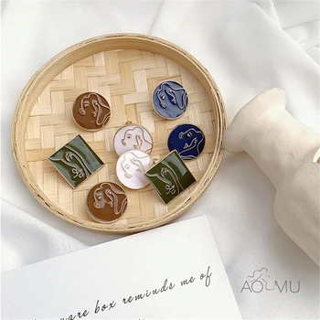 

AOMU New Geometric Round Square Morandi Line Abstract Human Face Enamel Stud Earrings for Women Retro Colorful Enamel Jewelry