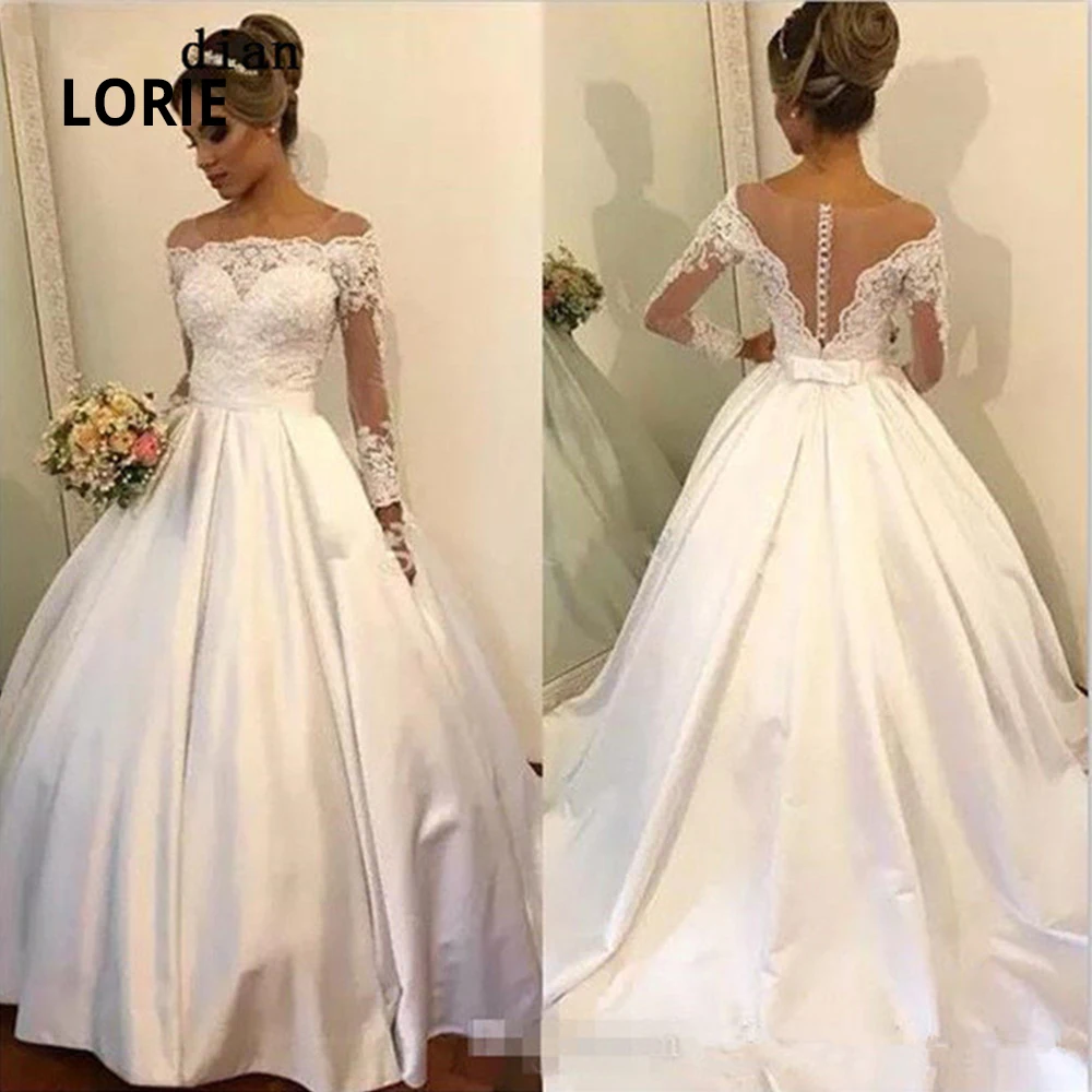 

LORIE Off Shoulder Long Sleeve Elegant Lace Wedding Dresses Ball Gown Back illusion Romantic Bridal Gowns with Court Train
