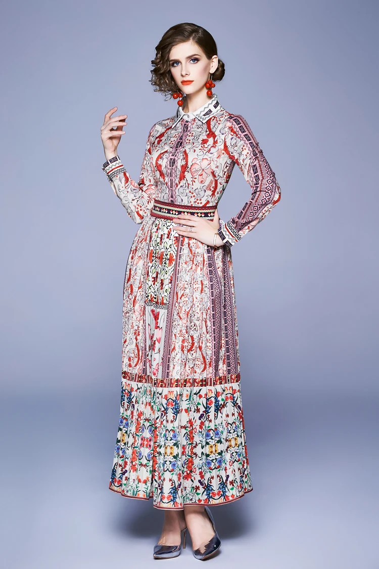H Han Queen Women Vintage A-line Long Dress Ladies Winter Business Office Party Print Pleated Dresses Trun-down Collar Vestidos