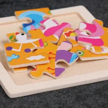 Puzzle 3D en bois de taille Mini pour enfants, 9 pièces, Puzzle éducatif pour bébés, dessin animé, circulation des animaux, Tangram