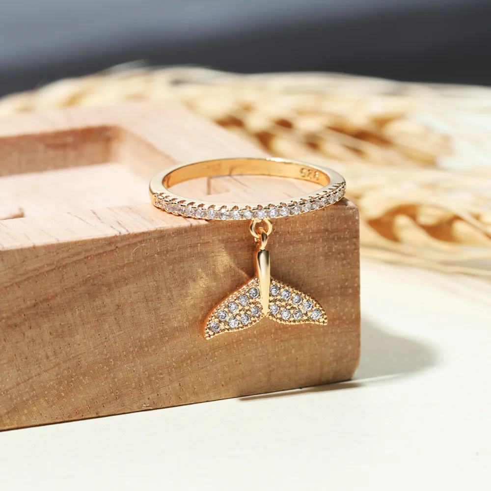 RongXing изящное кольцо в виде хвоста русалки, серебро 925 пробы, цвет розовое золото, маленькие Кристальные тонкие кольца для женщин, свадебные ювелирные изделия