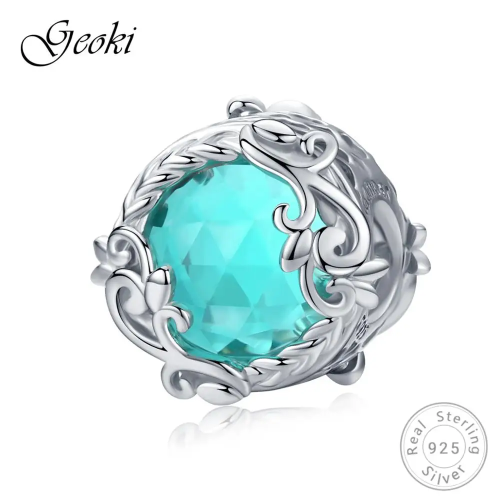 Geoki 925 серебро Европейский океан синий кубики циркона бусины трава fit Pandora браслет S925 морской камень подвески для ожерелья
