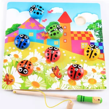 

Wooden magnetic fishing creative fishing Scarab Ladybug hand-eye coordination toy for early childhood education
