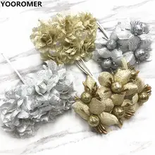 YOOROMER 6 шт./шт. Золотая и серебряная яркая ткань высокого качества букет роз из шелка искусственный цветок для свадьбы украшения DIY