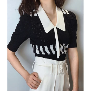 

xr29 Black White Contrast Color Half Sleeve Pullover Turn-down Collar Short Women Sweater