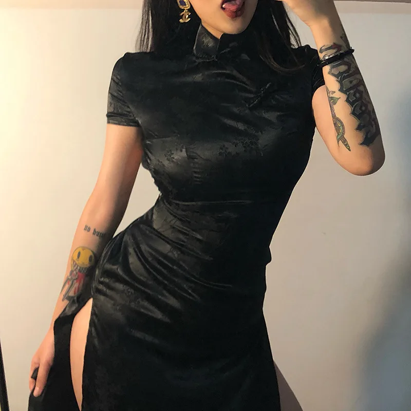 

Cheongsam Winter 2020 Aesthetic Punk Women Midi Dress Dark Vintage Bodycon Gothic Female Dresses Goth Style Embroidery Splice