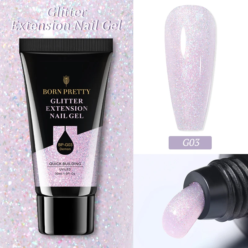 BORN PRETTY 30/20ml Glitter Acrylic Gel Finger Extension Silver Pink Extension Gel Soak Off Nail Art Gel Varnish