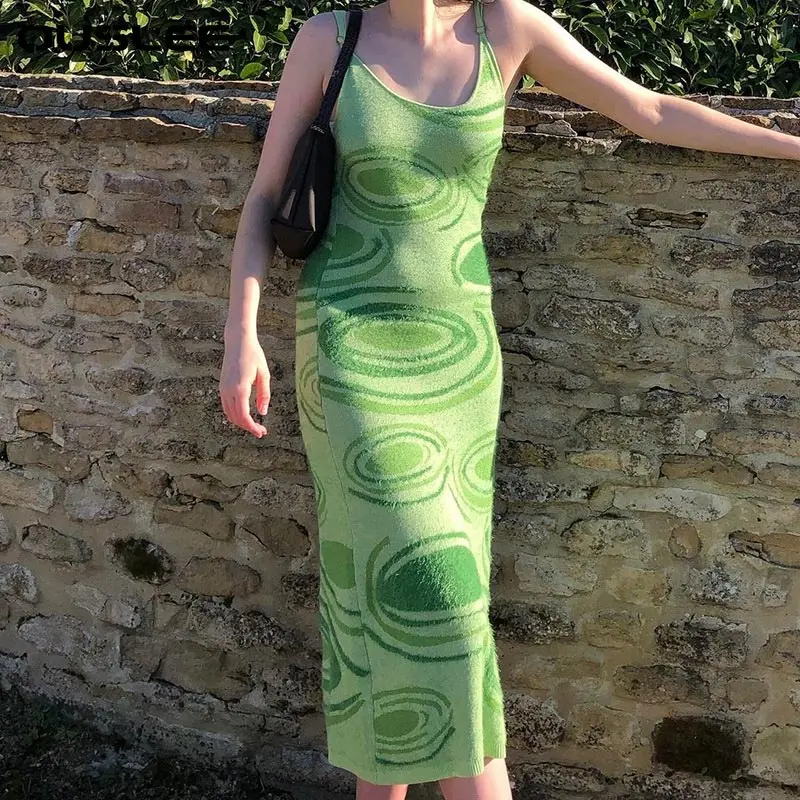 

Women's Sexy Print Knit Bodycon Dress, Green Party Dress, Hollow Out, Sleeveless, Spaghetti Strap, Beach Midi Dresses, Y2K