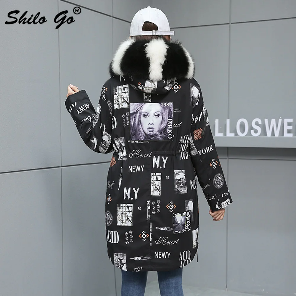 Fur Parkas Highstreet Allover Printed Real Fox Fur Collar Hooded Rabbit Fur Lining Long Coat Women Winter Casual Plus Outwear