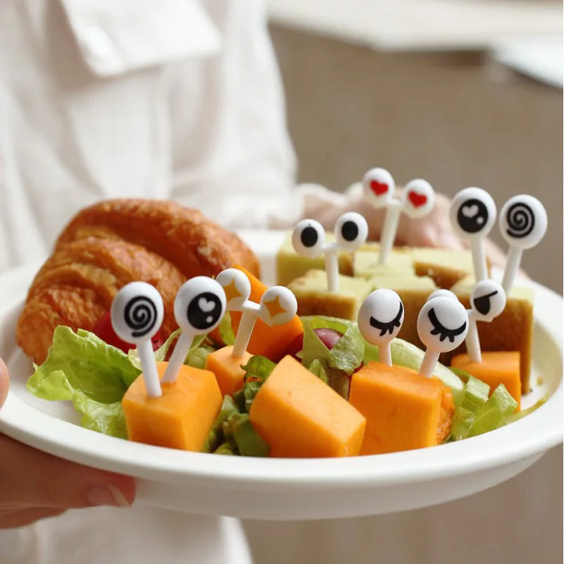10pcs/lot Mini Eye Fruit Fork Reusable Plastic Fruit Forks Decorative Sticks Kids Lunch Bento