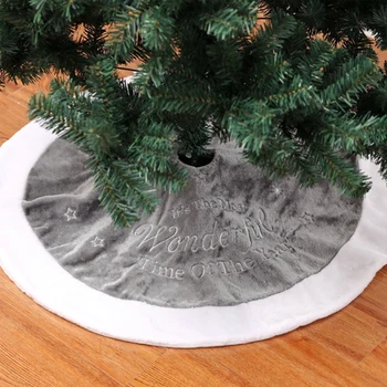 

90cm Large Grey Christmas Tree Skirt Plush Embroidery Scene Xmas Floor Mat Decor for Christmas Decoration