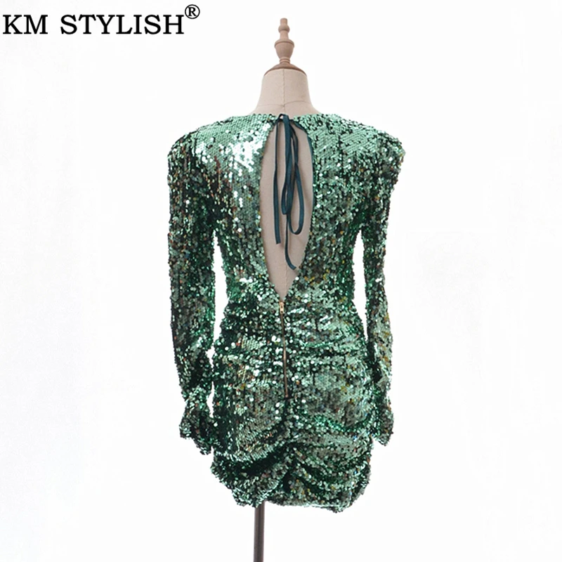 Womne's Clothings Vestidos, зеленые, с блестками, с открытой спиной, сексуальные, вечерние, бодикон, новинка, плиссированное, круглый вырез, длинный рукав, мини-платье-футляр