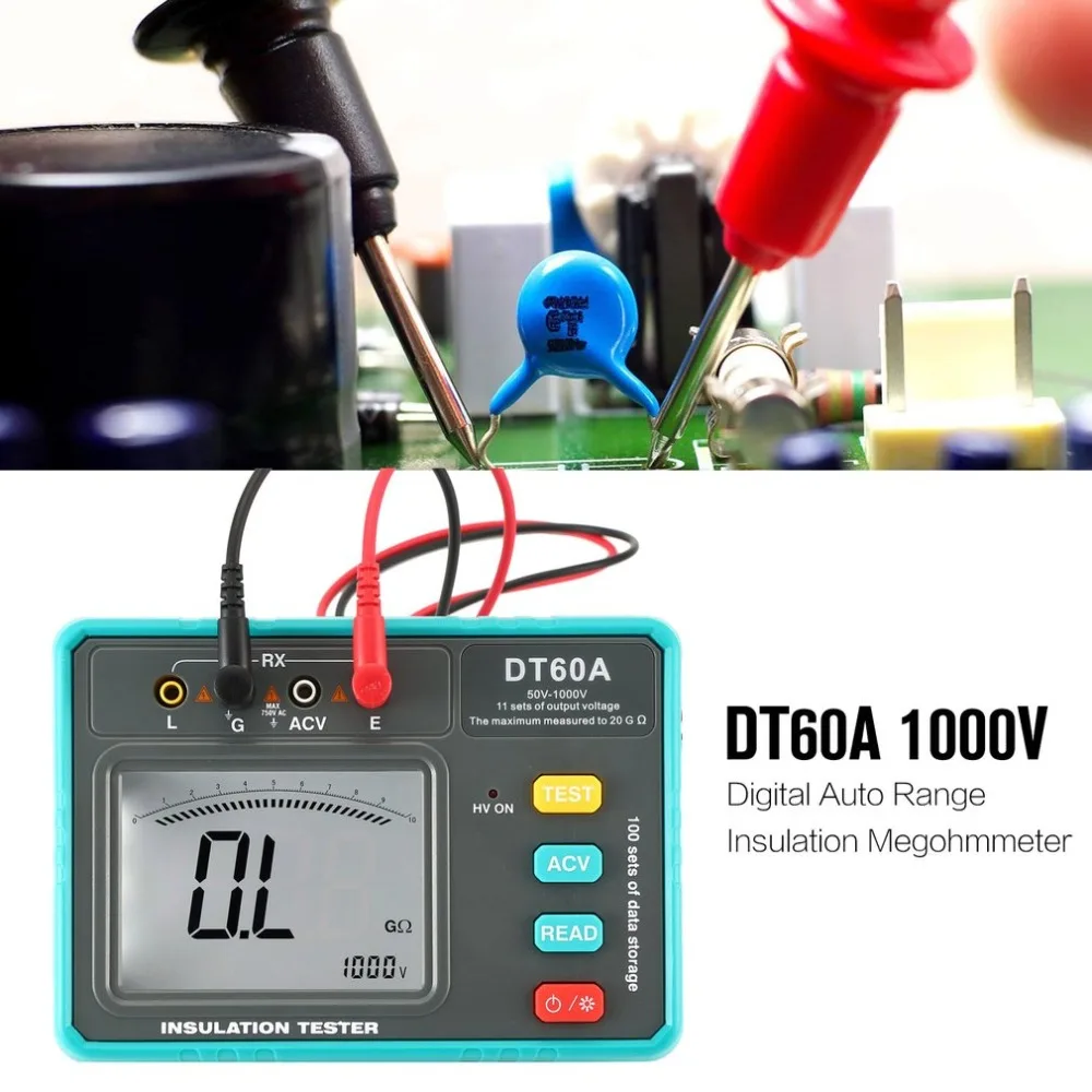 DT60A 1000 в цифровой измеритель сопротивления изоляции с автоматическим диапазоном, Мегаомметр, Мегаомметр, светодиодный индикатор высокого напряжения, 1999 отсчетов