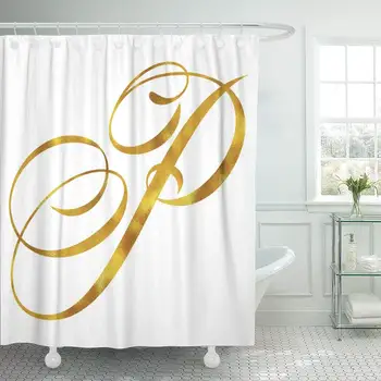

Letter Monogram P Initials Gold Script Faux Quote White Shower Curtain Waterproof Polyester Fabric 72 x 78 Inches with Hooks