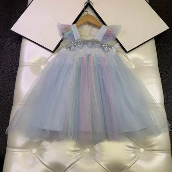 

European and American parent-child summer new 2020 children's wear Condole belt Sequined screen gradient princess girl dress