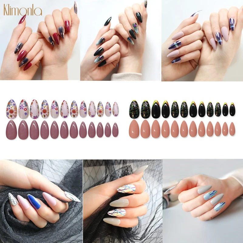 

24Pcs/box Short Fake Nails with 11 Styles Cool Pattern Detachable Stiletto Nail Art Tips Ladies Press On Designed Nail Tips