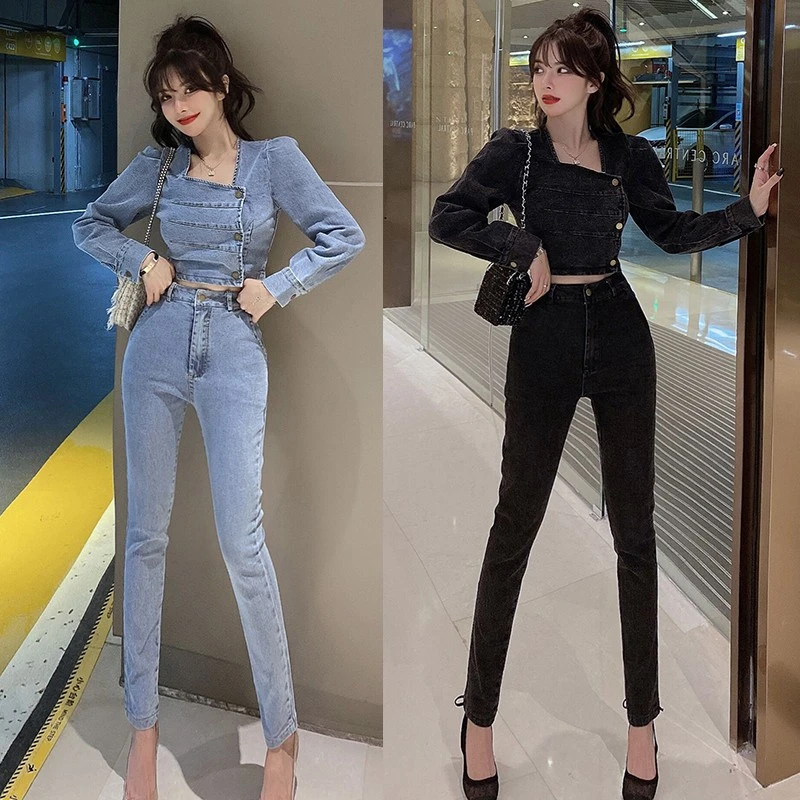 womens suit set 2021 spring autumn women's fashion long sleeve  Denim  tops +pants suits female vintage denim two piece sets matching workout sets