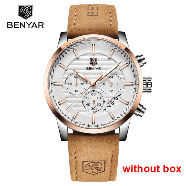 gold white BENYAR Топ бренд Новые повседневные Модные мужские кварцевые часы Роскошные военные с кожаным ремешком хронограф мужские часы Relogio Masculino - Цвет: gold white