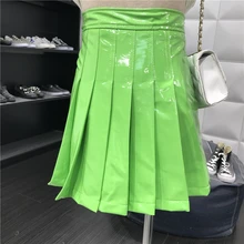Сладкий ярких цветов Искусственная кожа юбка Женский Уайлд Высокая талия тонкий плиссированная короткая юбка