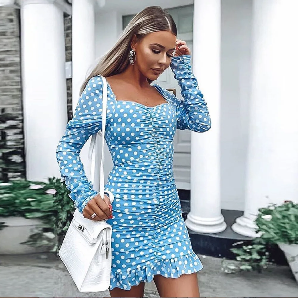 Yesexy осеннее женское платье с длинным рукавом и квадратным воротником в горошек с оборками облегающее сексуальное женское мини-платье MQ030