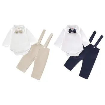

2pcs Baby Boy Blue/Apricot Clothes Set Long Sleeve Solid Bowtie Decoration Romper Suspender Pants Spring Autumn Clothing