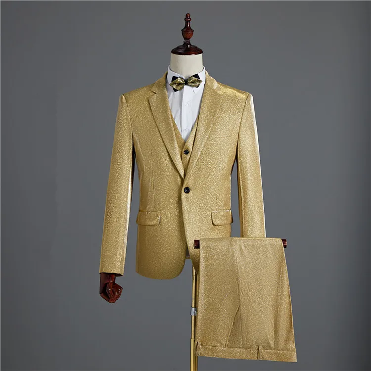 Jacket+Vest+Pants) 3-Pieces Formal Men's Suits Gold Bright Silk Blazers Male Singer Prom Stage Show Suit Groom Wedding Dress