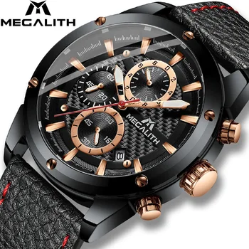 

MEGALITH Men Watch Montre Homme 2019 Multifunctional Dial Quartz Watch For Men Gentlmen Leather Strap Wristwatch Waterproof