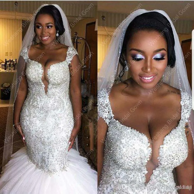 

Mermaid Capped Major Beading Sheer Neck Sexy Wedding Gowns Long Train Plus Size Bridal Dress Vestidos