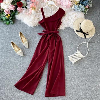 

Holiday Wind Suspenders Wide-legged Pants Jumpsuit Women's One Shoulder Ruffle Slim Lace-up Overalls Girls Students Jumpsuits