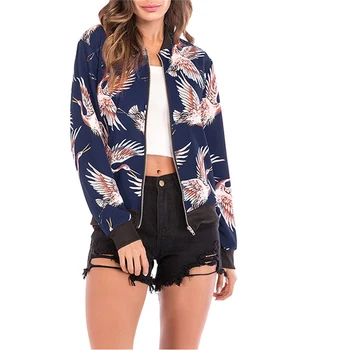 

Women Crane Jacket Coat Zipper Up Bomber Jacket Floral Print Overcoat Cool Outwear Baseball Jacket Autumn Winter Feminino