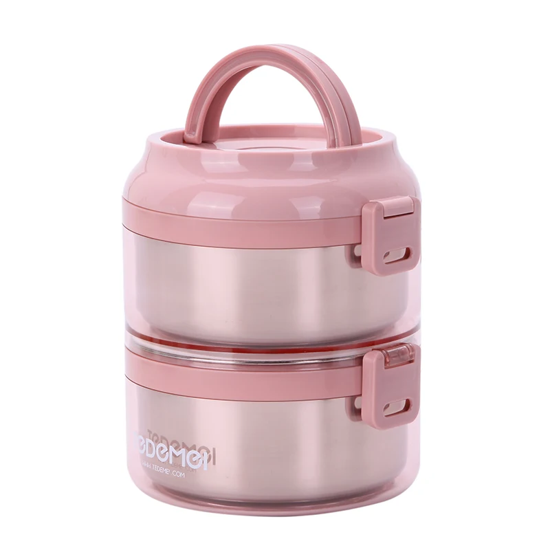 Pink Ланч-бокс новейший из нержавеющей стали Bento Snack box двухслойный контейнер для еды офисный школьный ящик для хранения с ручкой - Цвет: Pink
