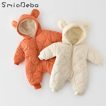 

Winter Korean Baby Boy Bear Ear Hooded Bodysuits Cotton Padded Clothes With Thick And Plush Long Romper Japan Warm Girls Outfits
