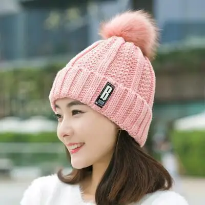 SUOGRY козырек B буквы вязаная шапка женская брендовая Высококачественная зимняя женская Лыжная шапка с кроличьим мехом помпоны шапки вязаный шарф - Цвет: hat pink