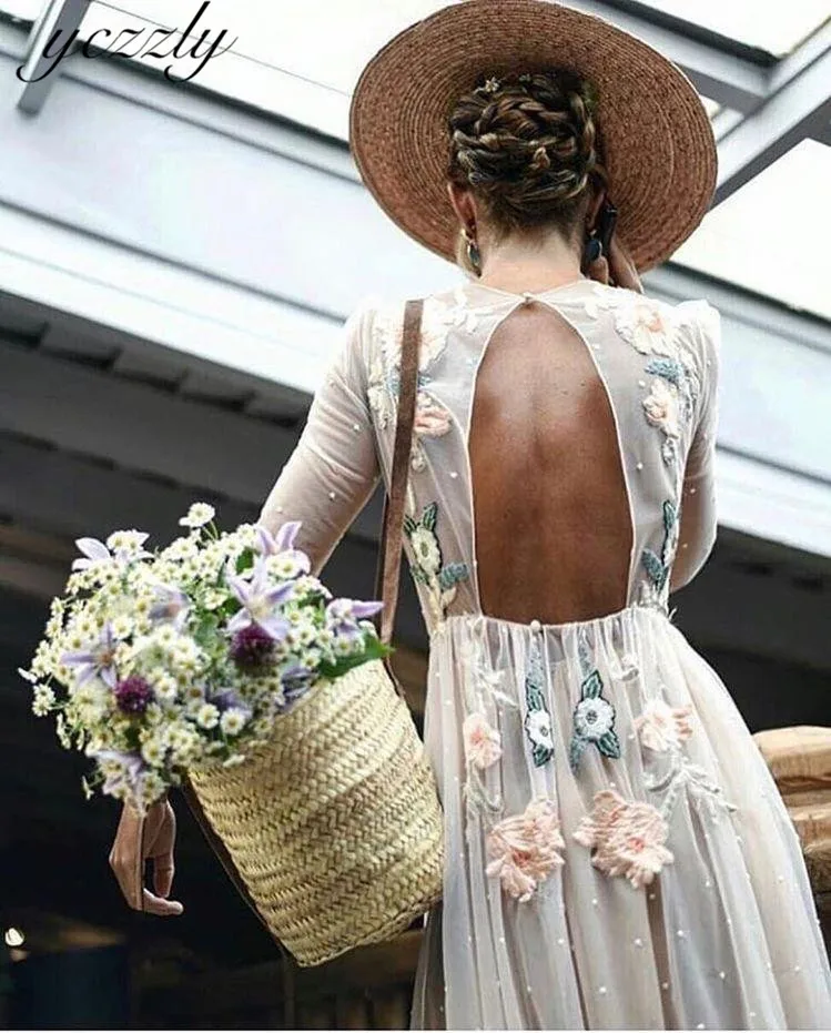 Vestidos De Novia Baratos Con Envio Gratis простое пляжное свадебное платье с цветочной вышивкой и открытой спиной с длинными рукавами