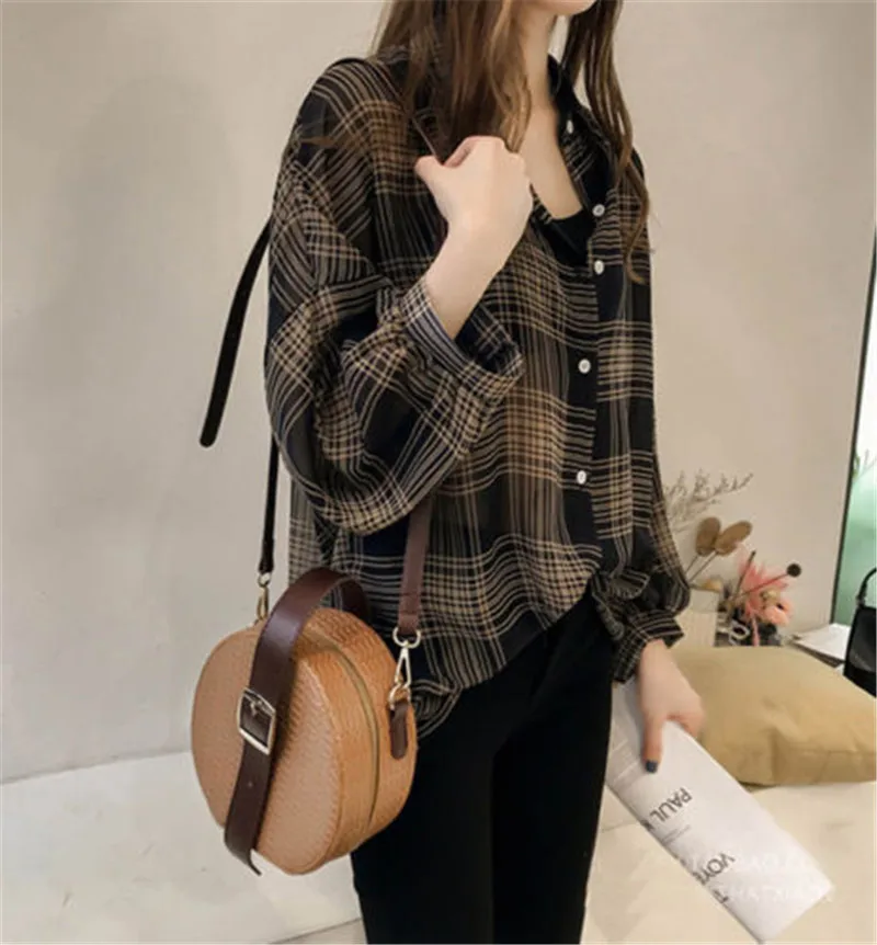 Korean Women Plaid Blouse Long Sleeve Loose Top Shirt OL Ladies Casual Shirt Summer Tops Plus Size Tops Women Clothes Korean Women Plaid Blouse Long Sleeve Loose Top Shirt OL Ladies Casual Shirt Summer Tops Plus Size Tops Women Clothes