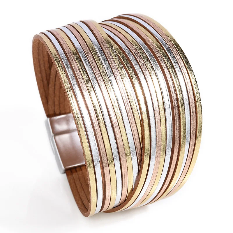 Leather Bracelet WYBU Mixed Color Multilayer Women Handmade Leather Bracelet Magnet Buckle Wide Fashiion Jewelry