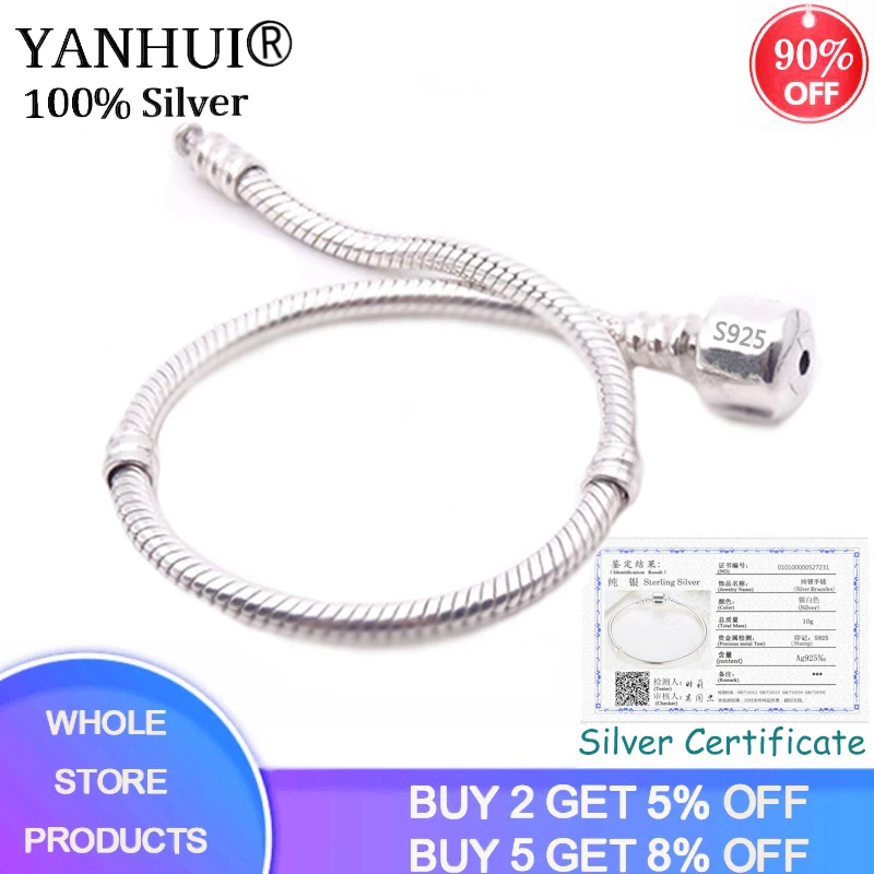 

YANHUI 100% Authentic 925 Silver Charm Bracelet Original Beads Chain Bracelet For Women Snake Bone Bracelet Fit DIY Jewelry Gift