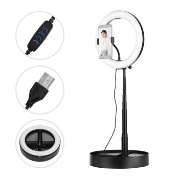 

Portable 10" LED Ring Light with Mobile Phone Holder Adjustable Light Stand and Disc-Shaped Base USB Powered Folding Fill Light