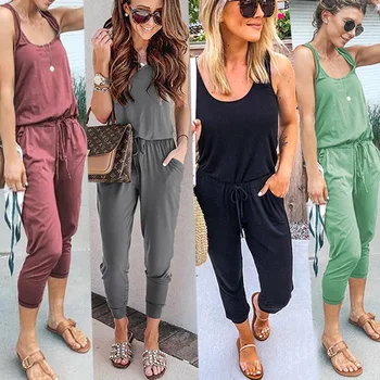 

Sleeveless Backless Jumpsuit Sling Lace Up Belts Pockets Women Casual Rompers Women Jumpsuits Summer Playsuit Women's Overalls