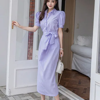 

Fashion Summer Elegant Korean OL Two Piece Set Women Stripe Suit Puff Sleeve Blouse Top & Slim Drawstring Long Skirt Set