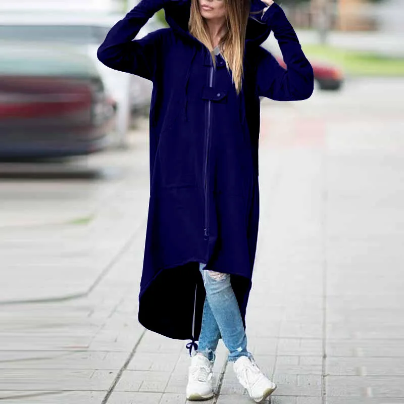 Размера плюс 5XL Макси толстовка с капюшоном Женская Повседневная Верхняя одежда с капюшоном свободный длинный рукав накидка с капюшоном пуловер Одежда - Цвет: Тёмно-синий