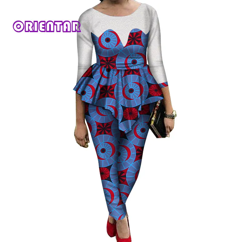 2 Pieces Sets Women African Pants Sets African Wax Print Long Sleeve Lace Tops and Pants Women Bazin Riche African Suits WY689 - Цвет: 16