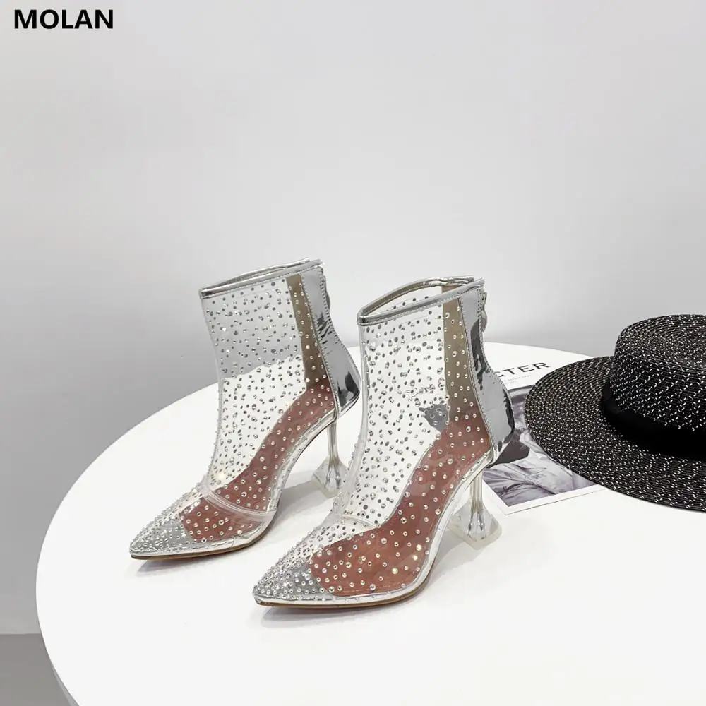 Бренд molan; Дизайнерская обувь; коллекция года; модные роскошные блестящие стразы; прозрачные женские ботинки на высоком каблуке 9,5 см; вечерние ботинки на молнии; Размеры 35-40