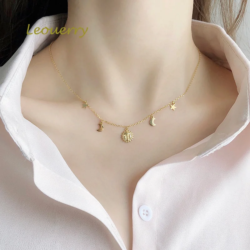 Leouerry 925 Sterling Silver Beautiful Sun Moon Star Necklace 14K Gold Plated Clavicular Chain Necklace for Women Simple Jewelry