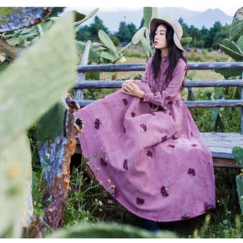 

Winter Autumn Women Embroidered Dress Female Long-Sleeved A-Line Corduroy Dress Vintage Retro Stand Collar Holiday Dress